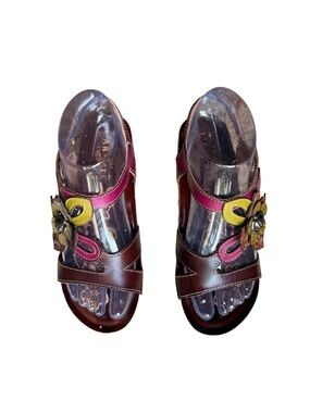 Hand Painted L’Artiste “Pelagia” Floral Slingback Adjustable Wedge Sandals